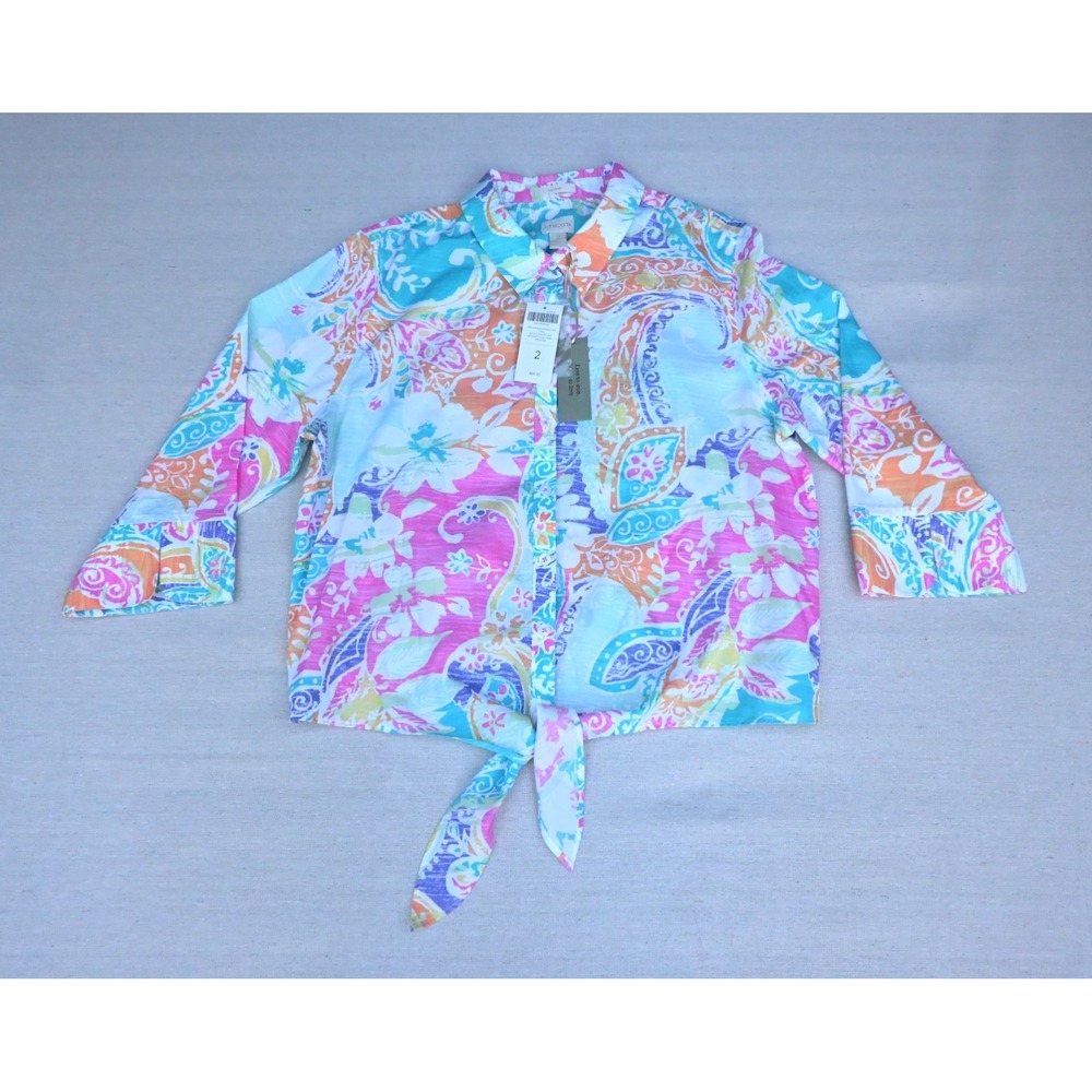 Chicos Womens 2 NWT White Multi Paisley Floral Tie Front Crop Button Up Blouse
